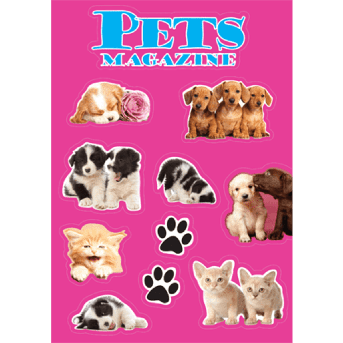 A pink sticker sheet featuring various adorable puppies, kittens, and a rose, with a logo in the top area.