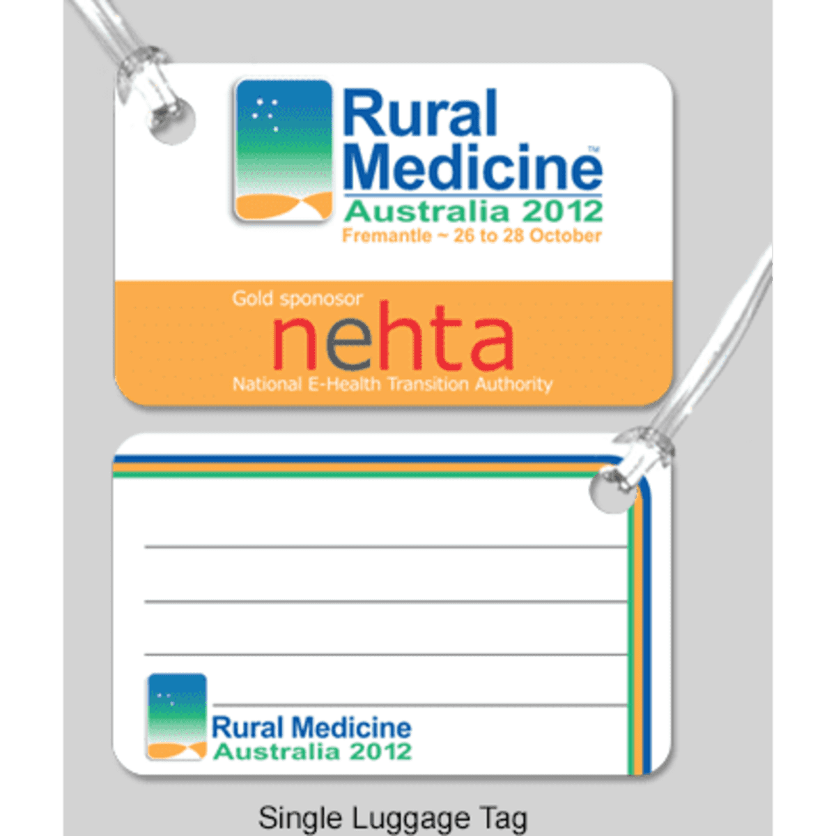 A single luggage tag in orange and white featuring a logo, with a blank area for personal information.