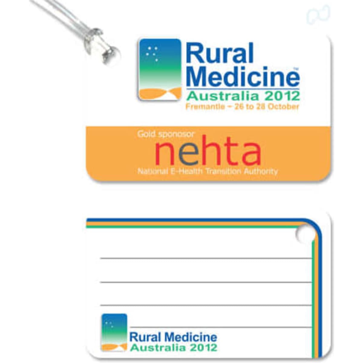 A pair of double luggage tags with a white background, featuring a logo and space for information.