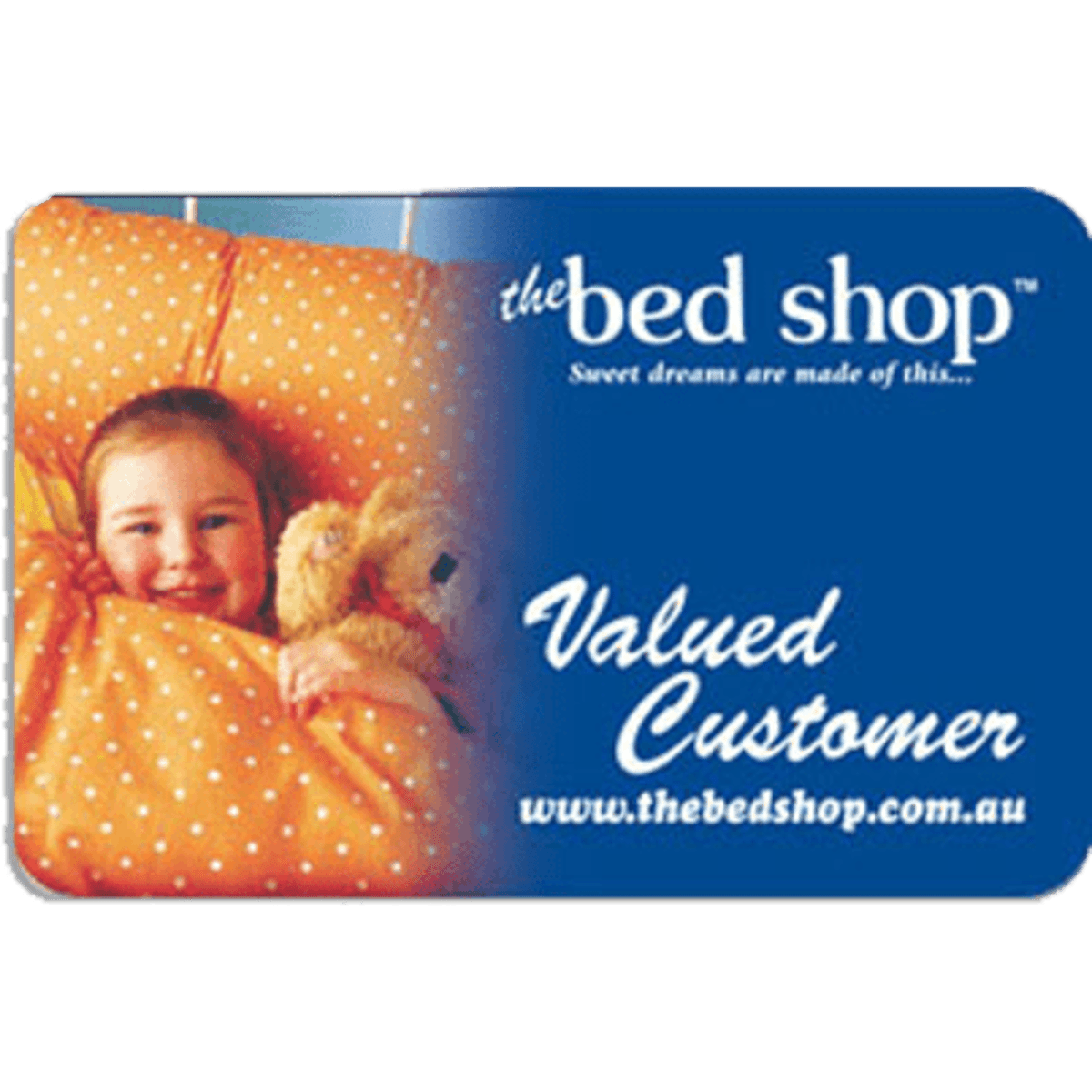 A blue plastic card featuring a logo, with an image of a child holding a teddy bear.