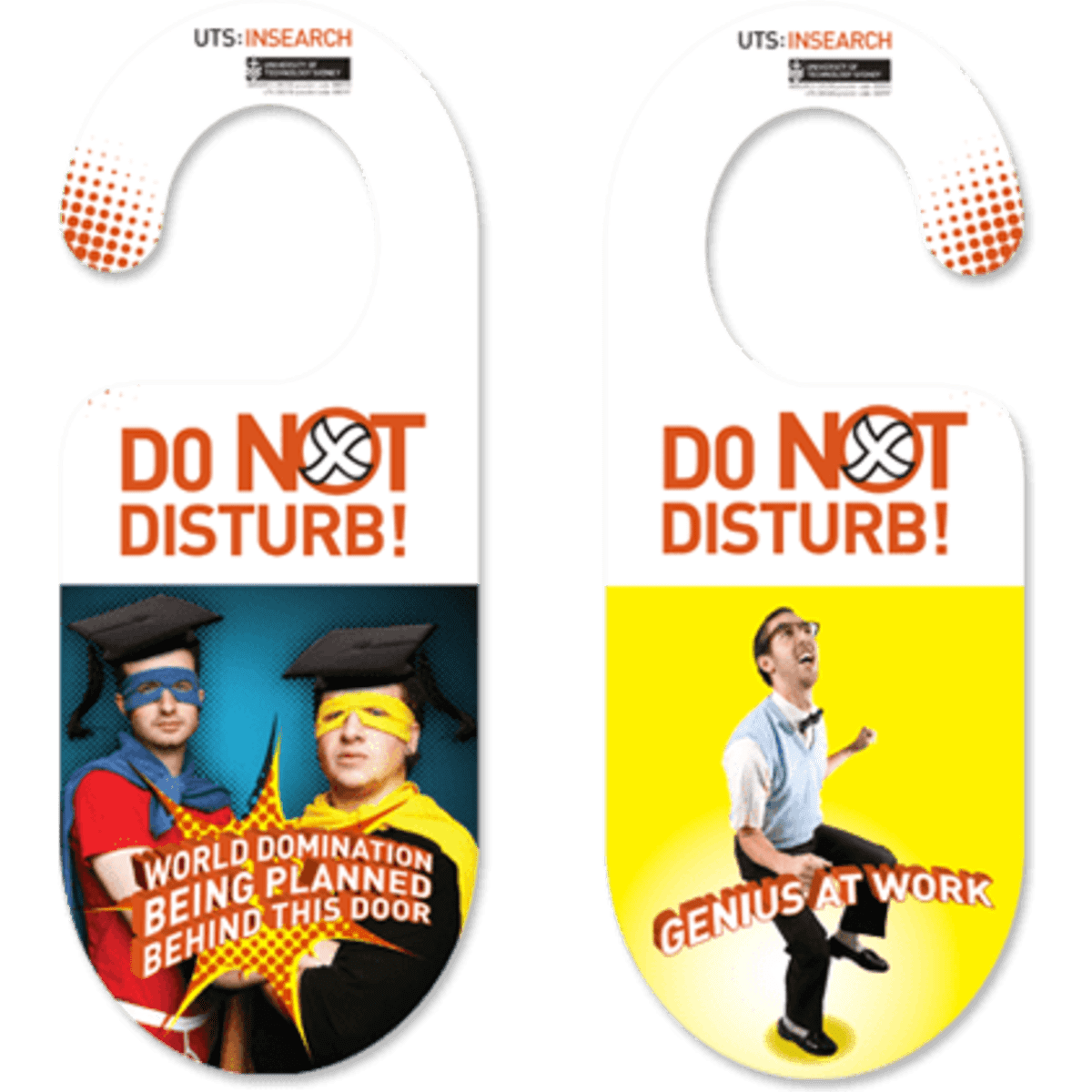 Brightly coloured polyprop door hangers featuring playful designs for "Do Not Disturb" and "Genius at Work" messages.