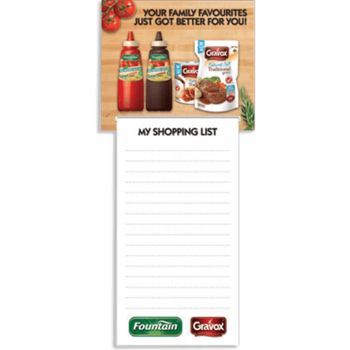 A magnetic header pad featuring a red and white design, with spaces for a shopping list and branding logos.