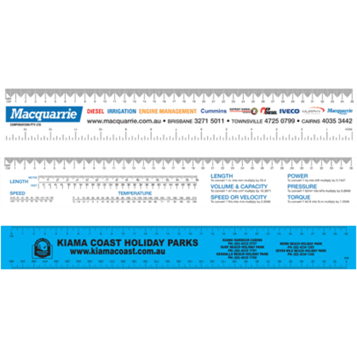 A blue flexi bookmark ruler with measurement markings and a logo, featuring two distinct sections for different measurements.