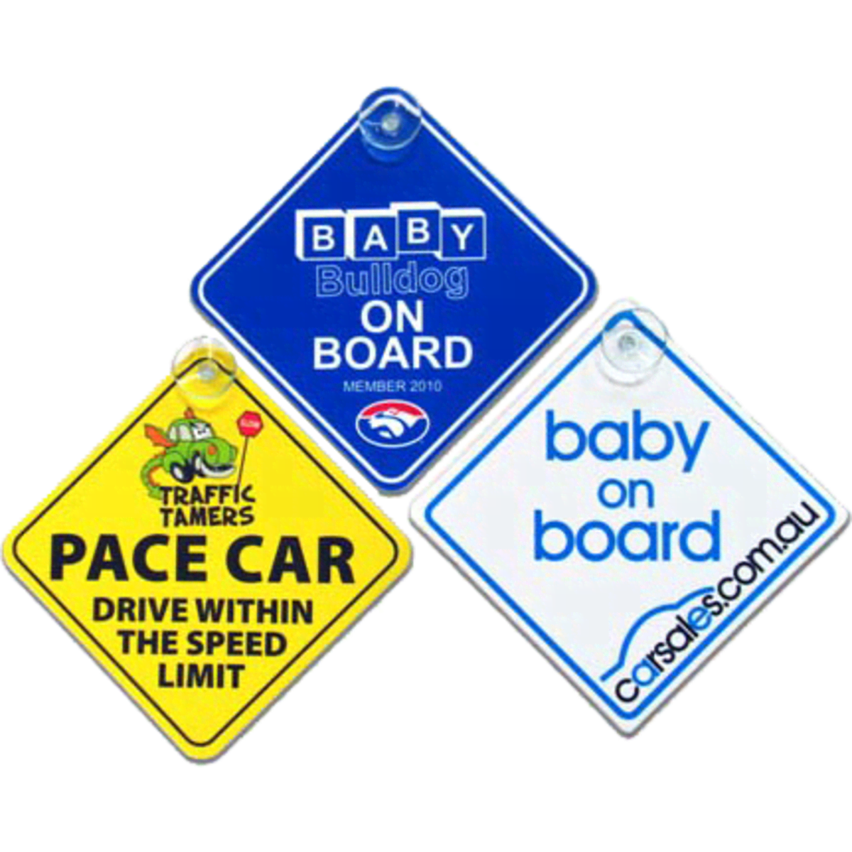 Three car window hangers in various colours: blue, yellow, and green, featuring different designs and a logo.