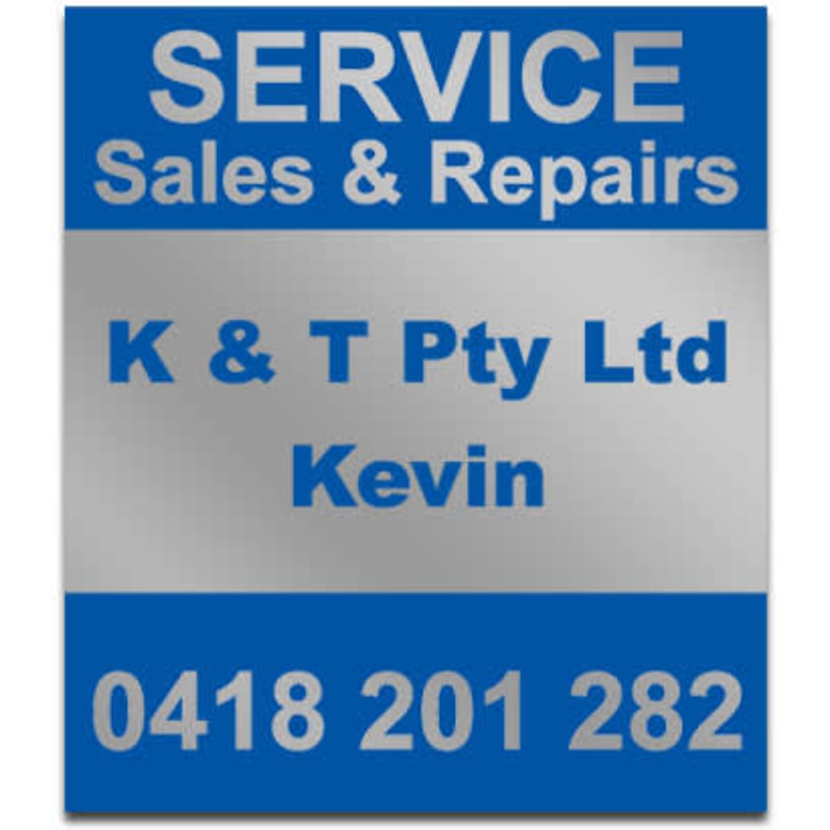 A metallic sign featuring a blue background with white text, displaying service details and a contact number.