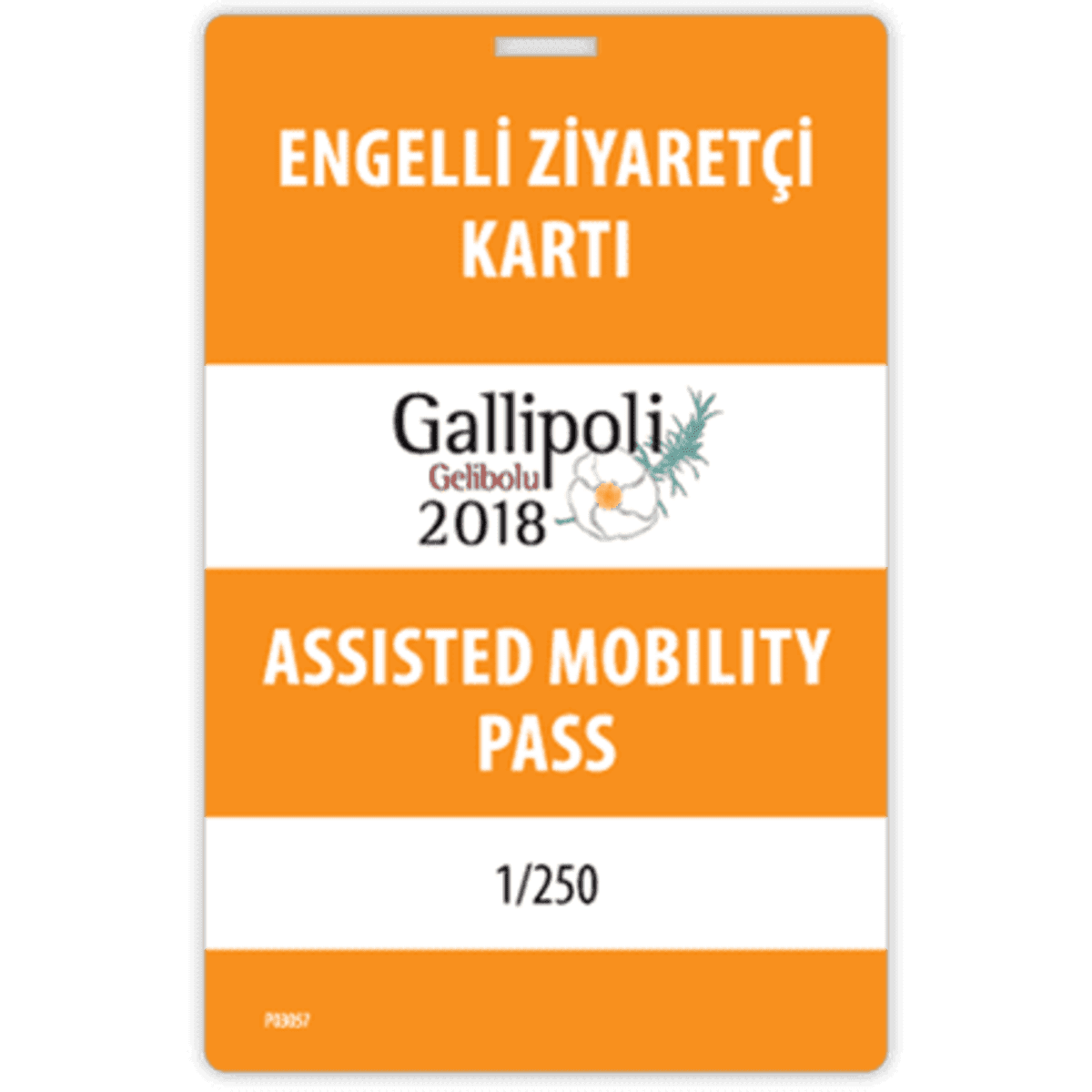 An orange plastic lanyard card featuring a logo and the text "Assisted Mobility Pass" with a numbered indication.
