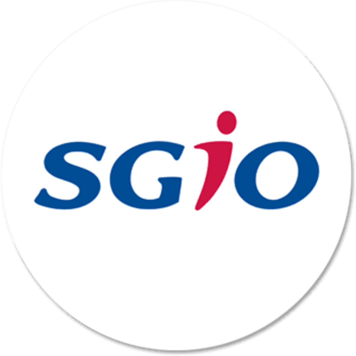 A circular car magnet featuring the SGIO logo in blue and red on a white background.