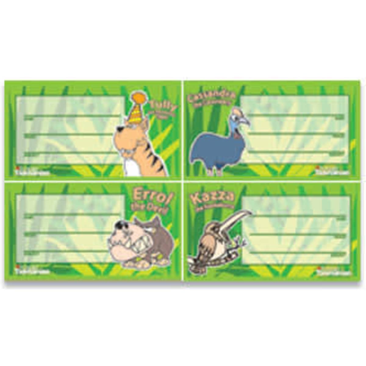Four vibrant sticker sheets featuring cartoon animal designs on a green background, each with blank spaces for personalisation.