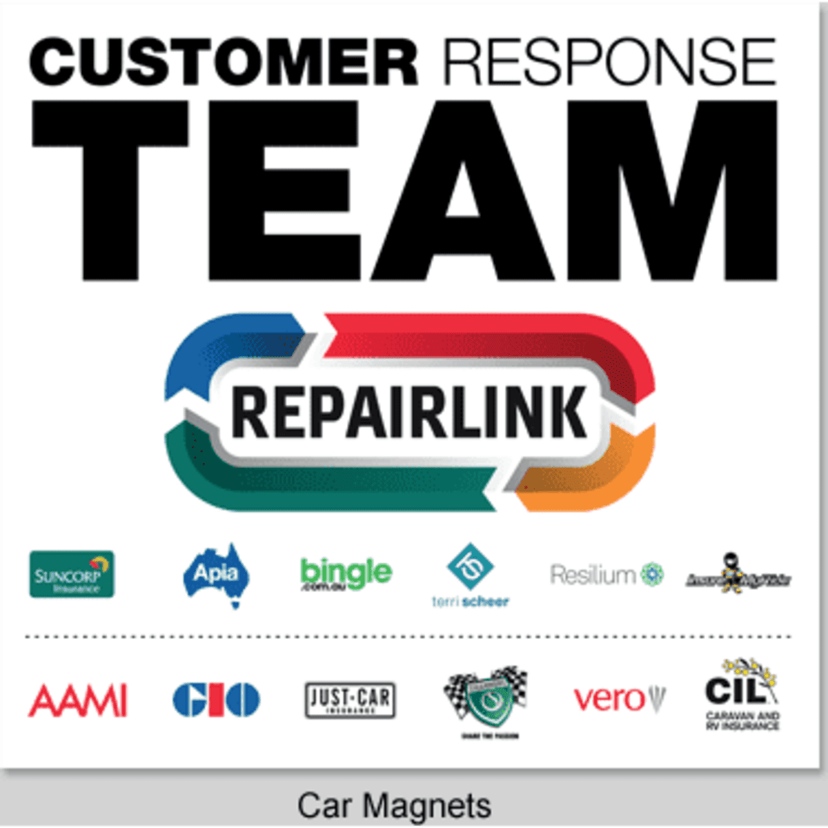 A collection of car magnets in various colours, featuring multiple logos and a central graphic element.