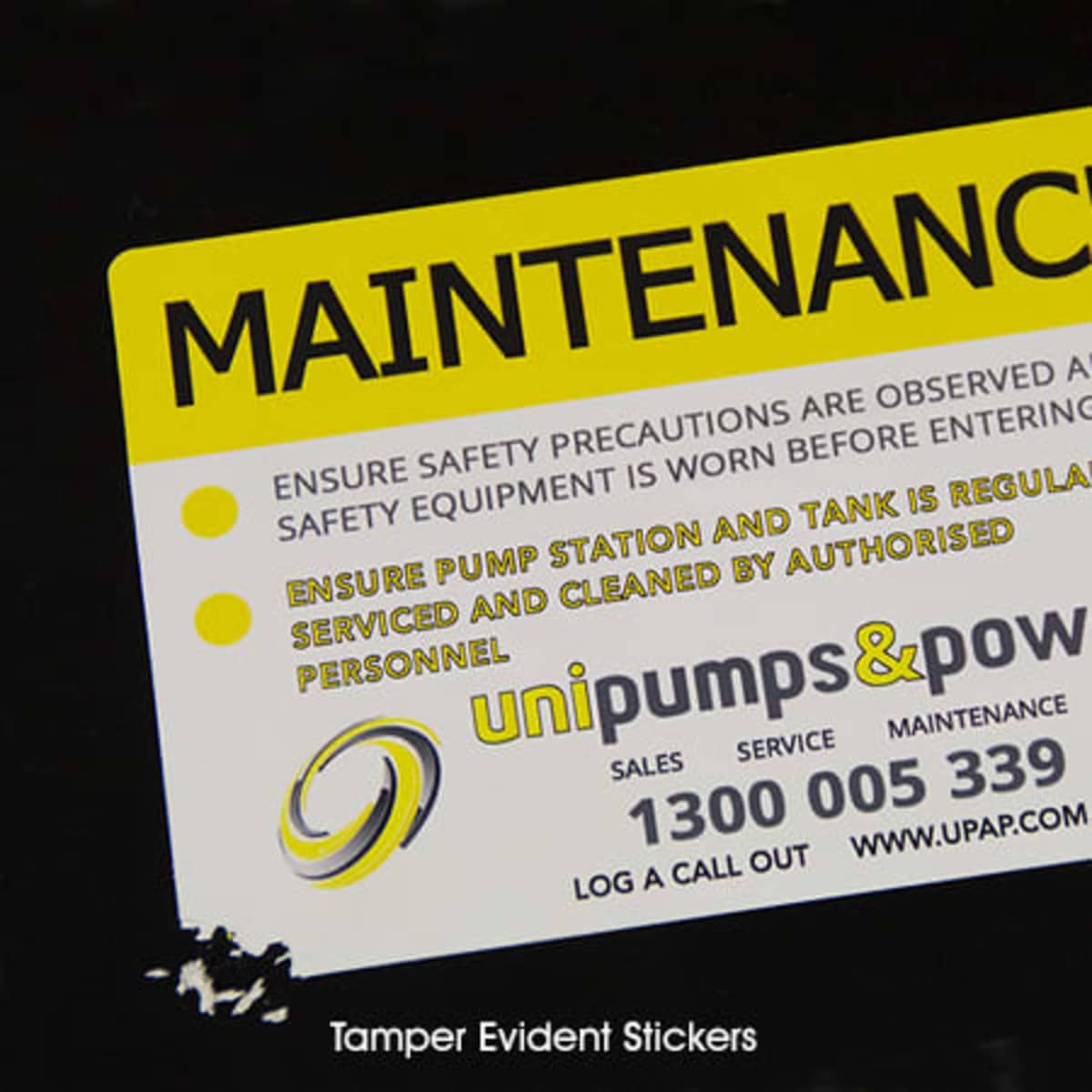 A label featuring a yellow background with black text and a logo, stating maintenance and safety information.