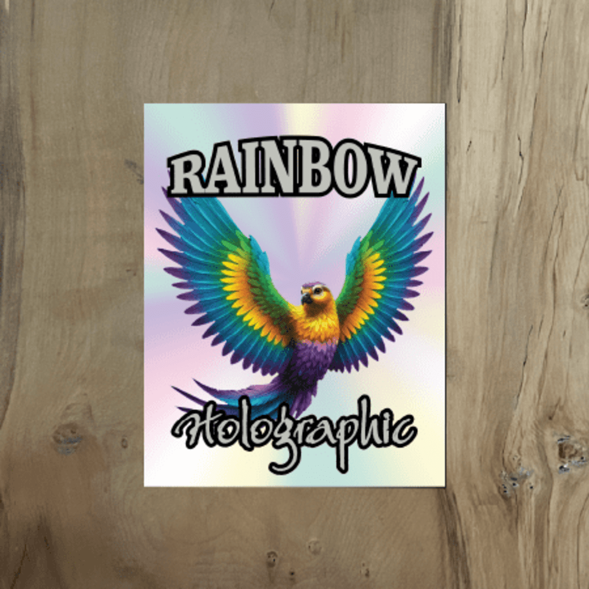 A vibrant sticker featuring a rainbow-hued parrot with holographic effects on a wooden background.