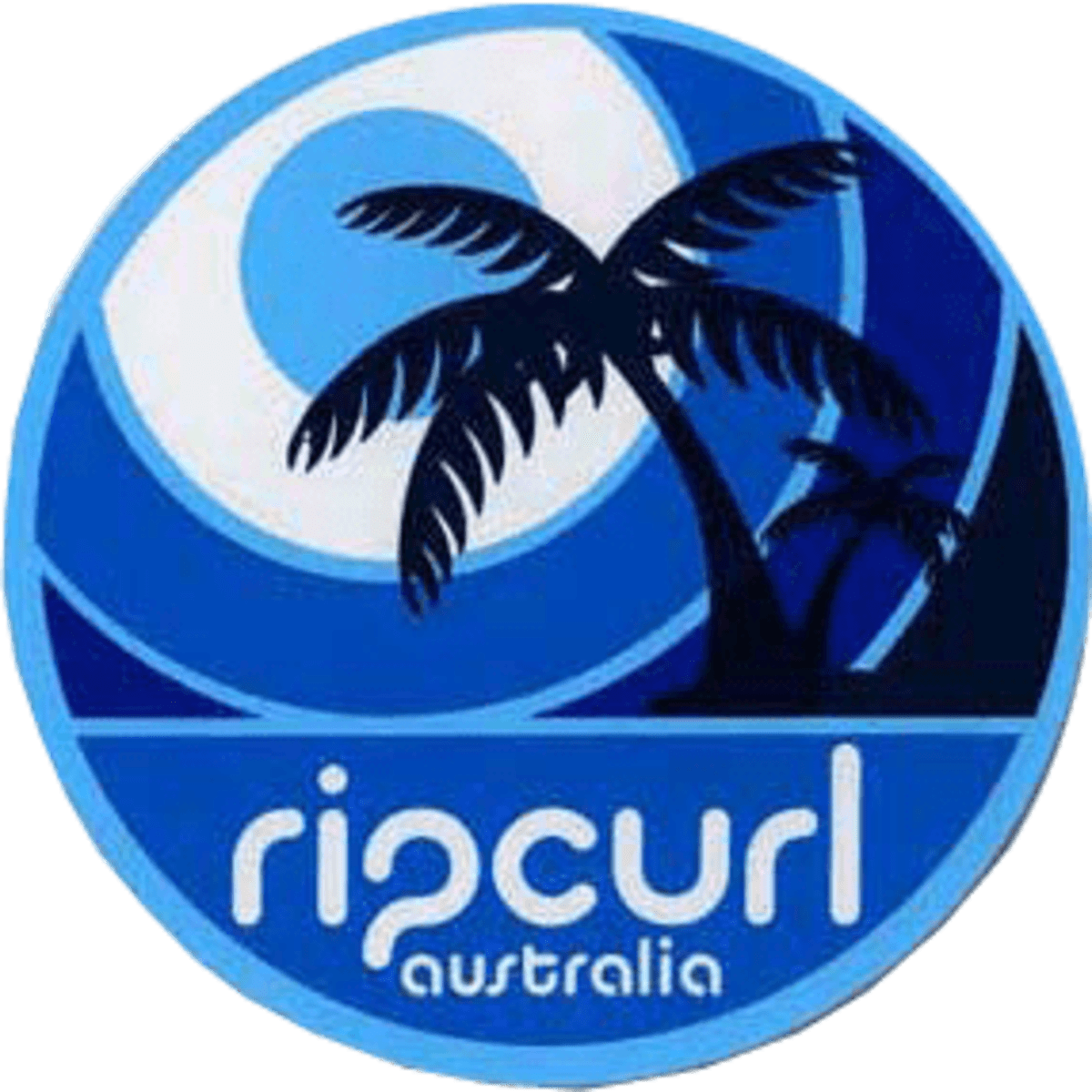 A circular blue sticker features a palm tree silhouette and a logo. The design includes various shades of blue.