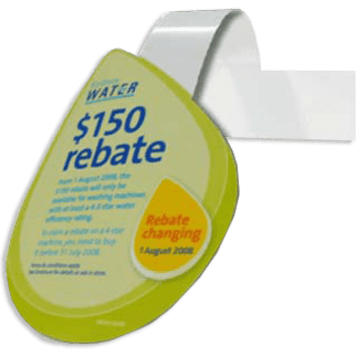 A green and yellow promotional tag with text about a rebate, featuring a white flexible hook.