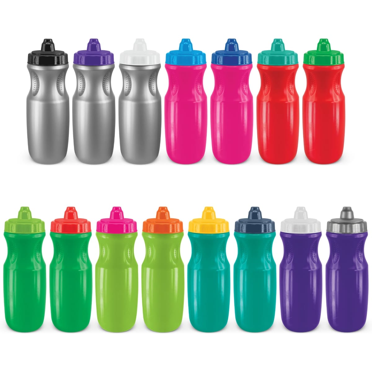 A drink bottle collection featuring silver, red, pink, green, purple, and other bright colours, all with caps and logos.