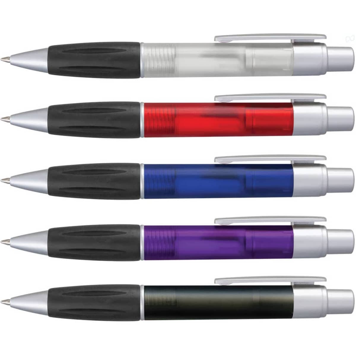A set of four plastic pens in clear, red, blue, purple, and black, featuring silver accents and a branding logo.