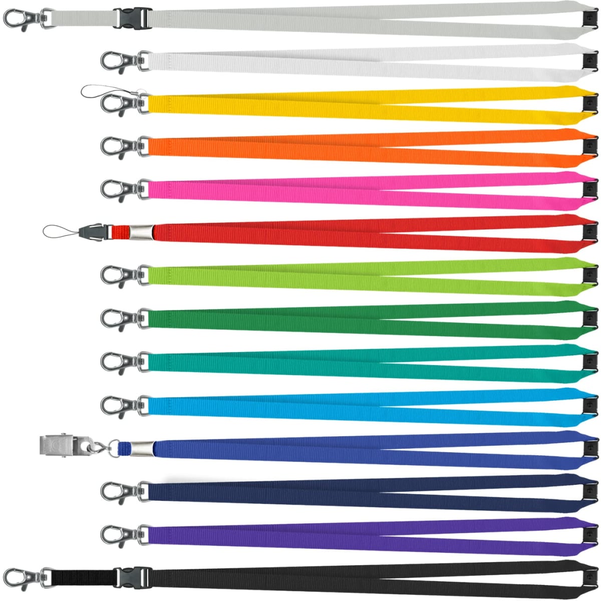 A collection of custom printed lanyards in various colours, featuring clips and attachments.