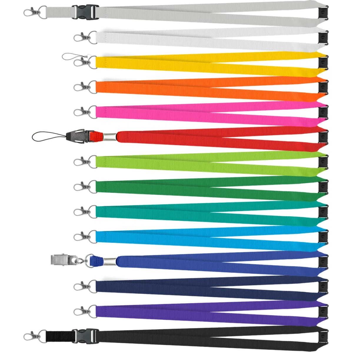 A collection of custom printed lanyards in various colours including white, yellow, orange, green, blue, and purple, with clips.