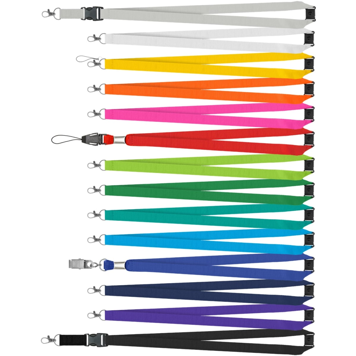 A variety of custom printed lanyards in multiple colours, featuring clips and clasps for attachment.