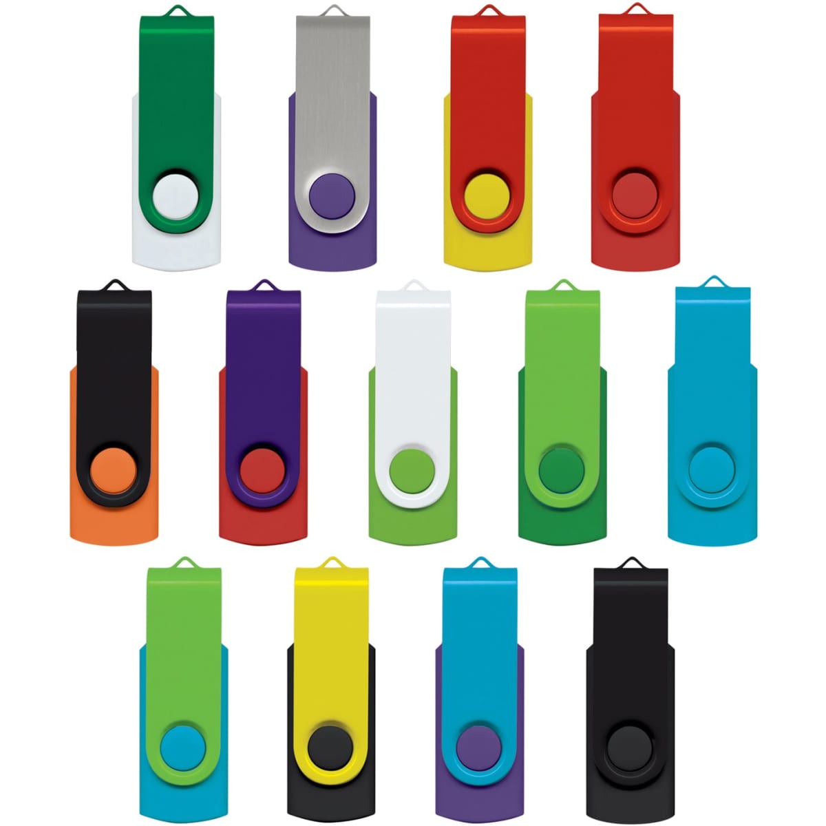 A collection of multi-coloured flash drives in various shades, including red, green, purple, and black, with a silver option.