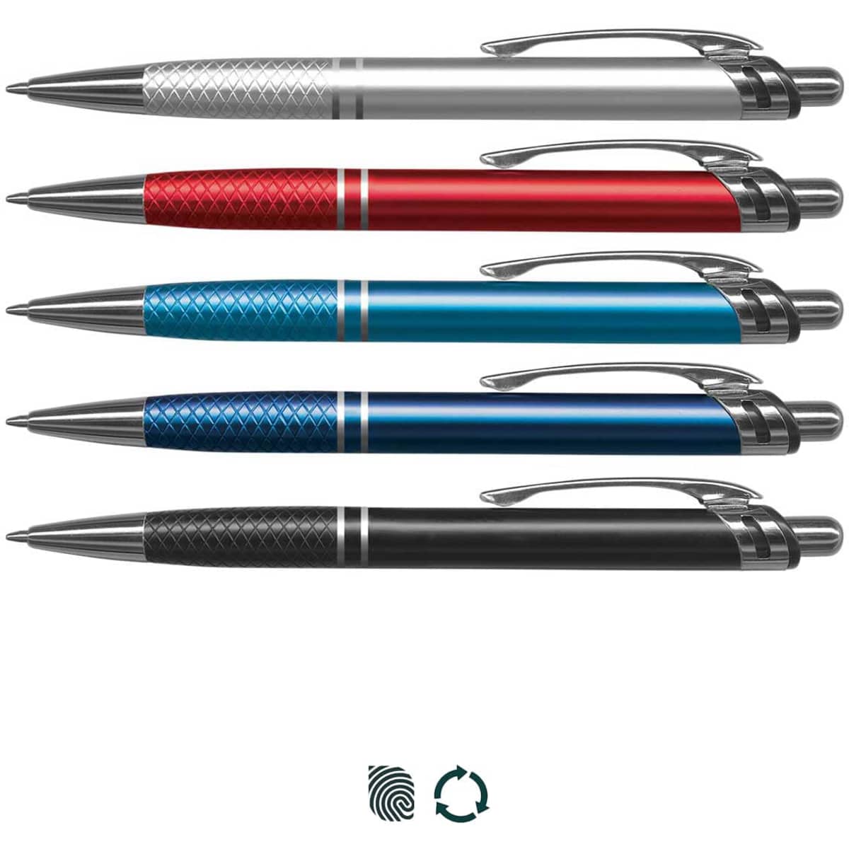 A set of four metal pens in silver, red, blue, and black, featuring textured grips and a logo.