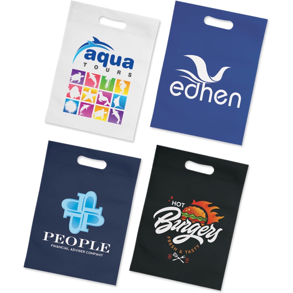 Four tote bags in various colours feature different logos and designs, including a blue, navy, and white bag.