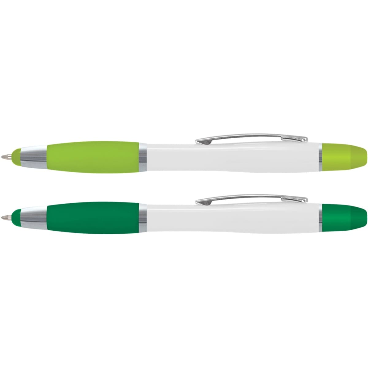 A multi-function pen with a white body and green accents, featuring two designs in the image.