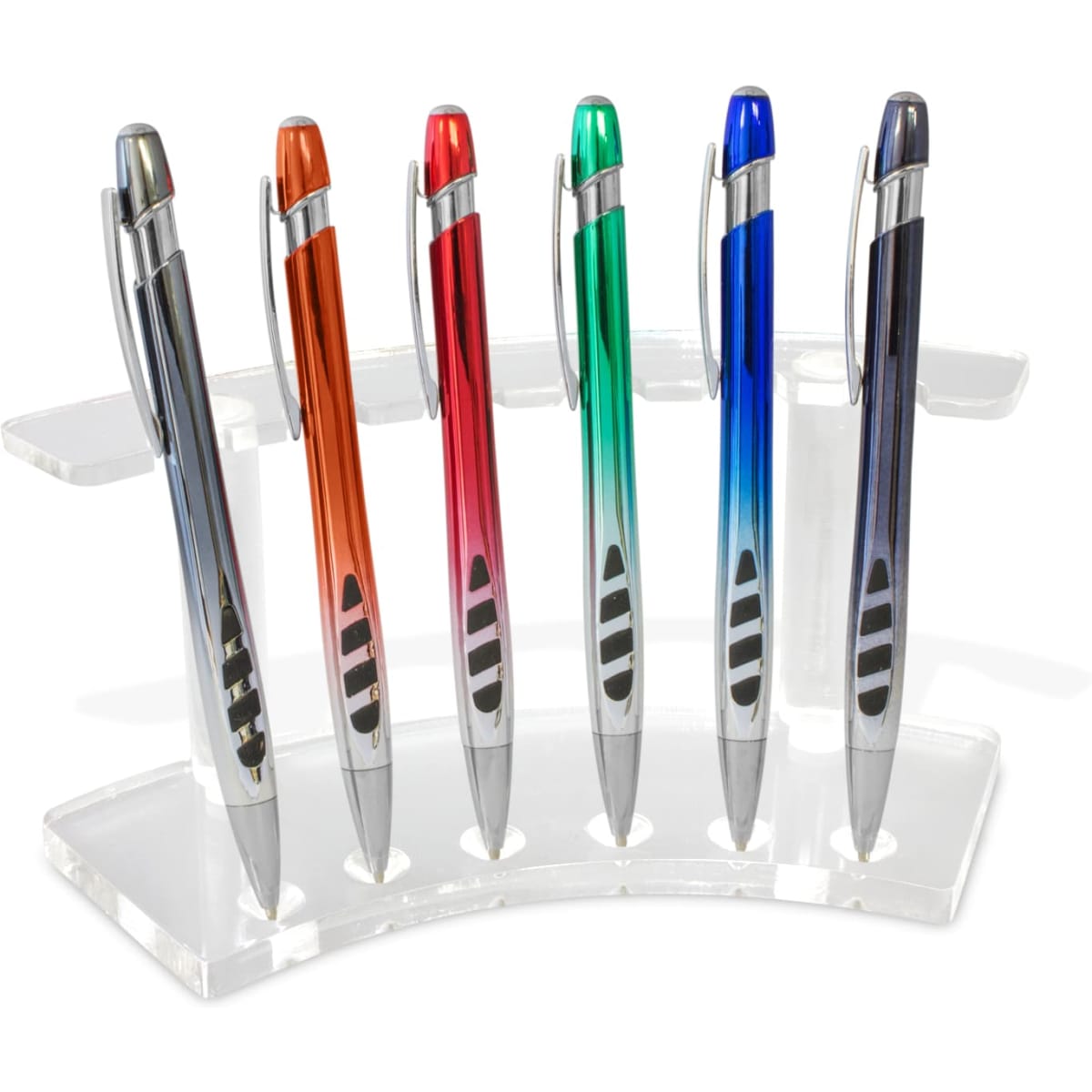 A stand displaying six metallic pens in orange, red, green, blue, and black, with a transparent holder.