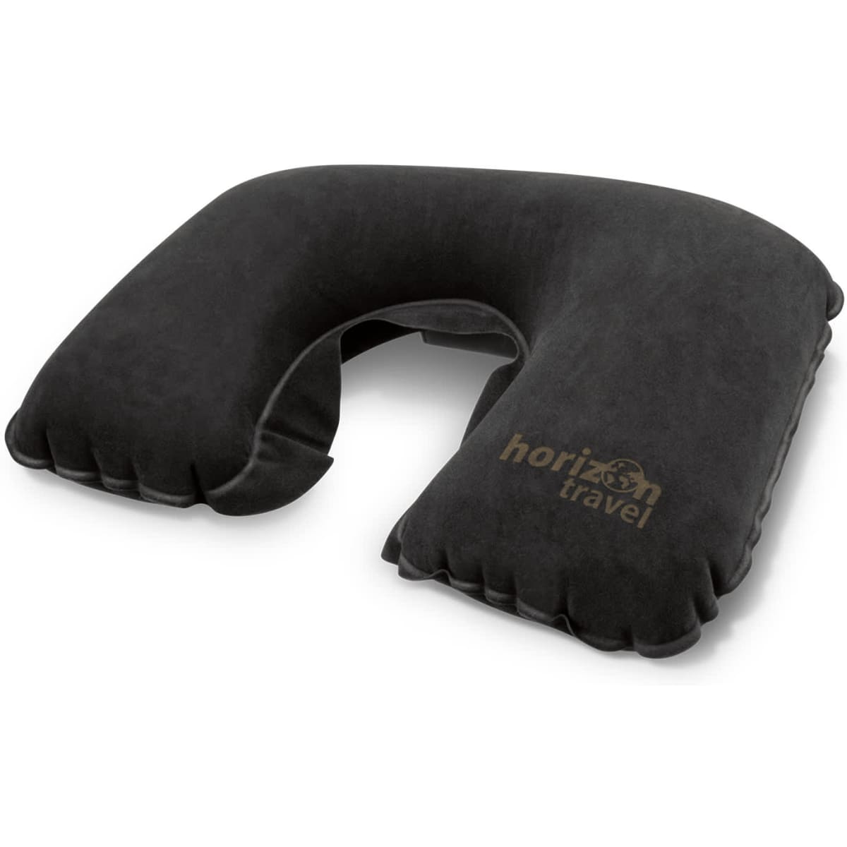 A comfortable black neck pillow with a U-shape design and a branding logo. Soft fabric surface visible.