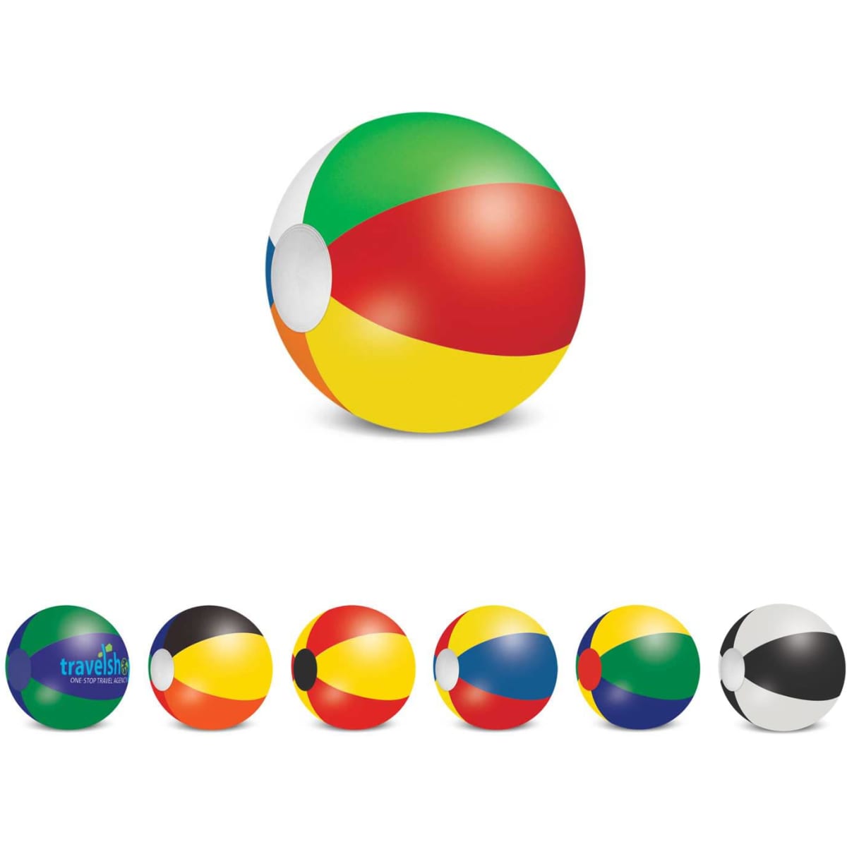 A multicoloured beach ball featuring green, red, yellow, and blue panels, with a small logo visible.