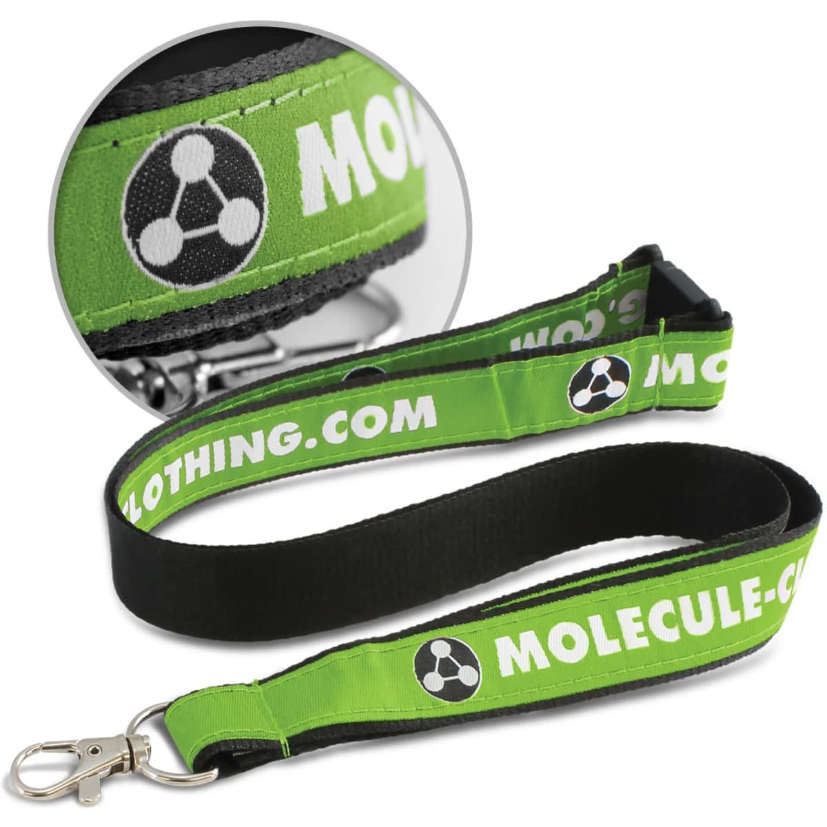 A green woven lanyard featuring a logo and a clip attachment at one end.