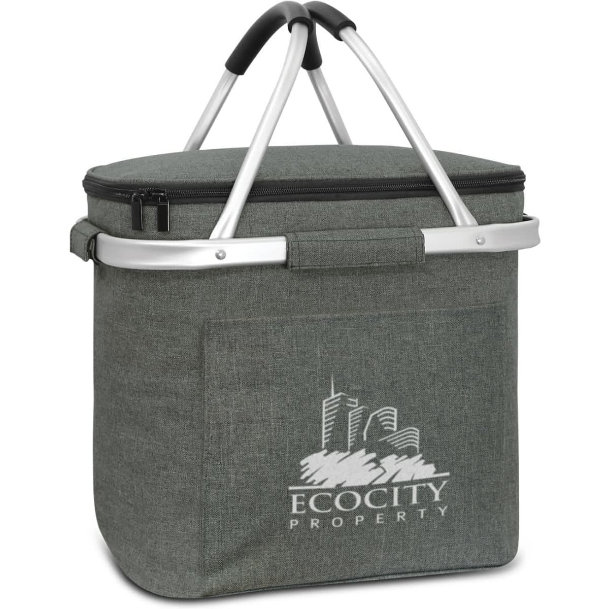A drink bottle basket in grey with a silver handle and a logo on the front. The design is sleek and portable.