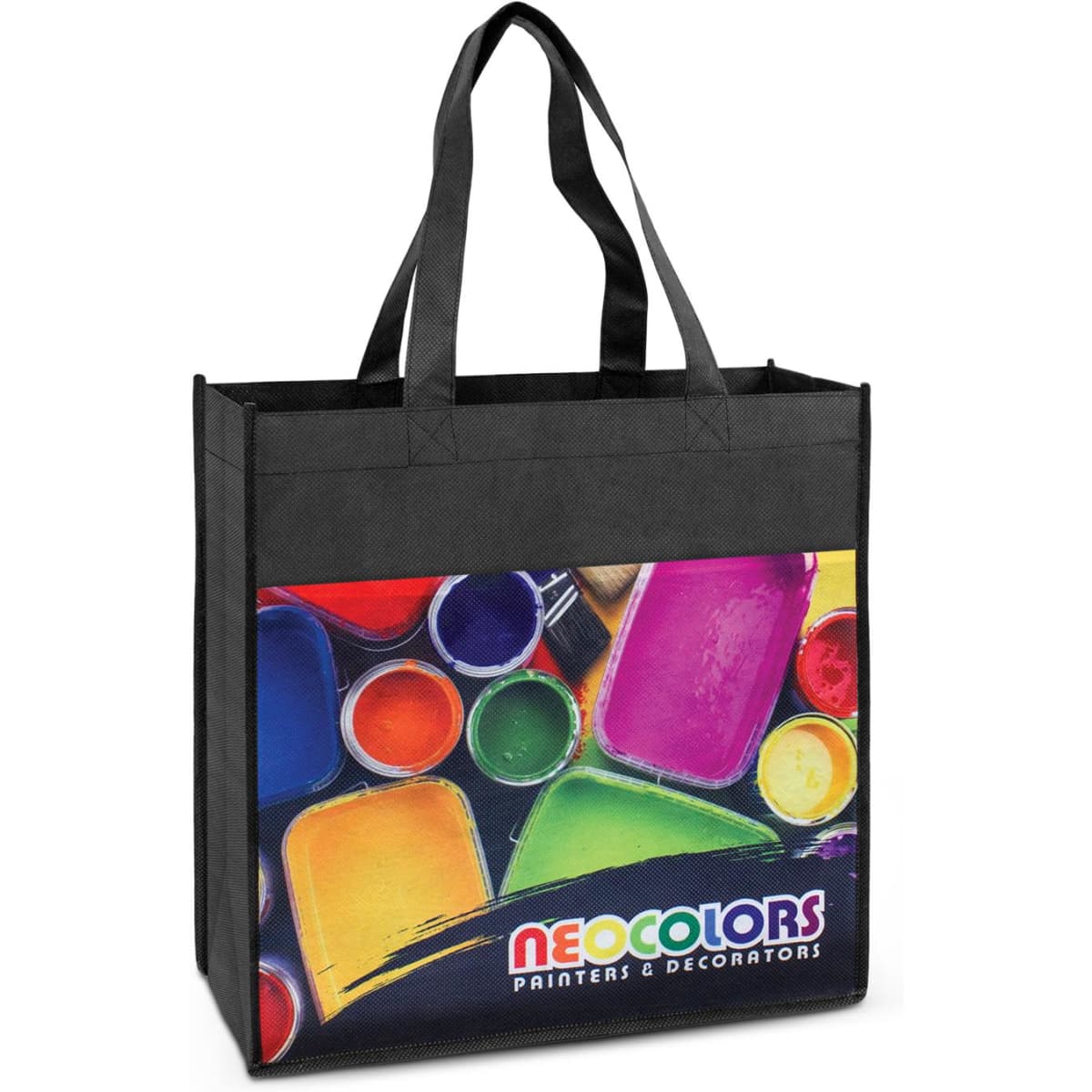 A black tote bag featuring a vibrant design with paint cans and a logo.