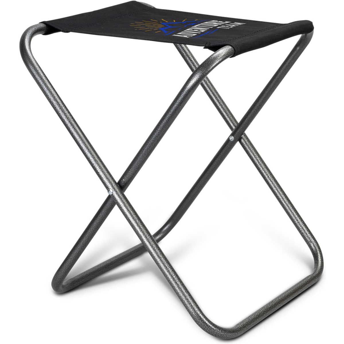A portable folding stool with a black seat and a silver frame. It features a logo on the fabric.