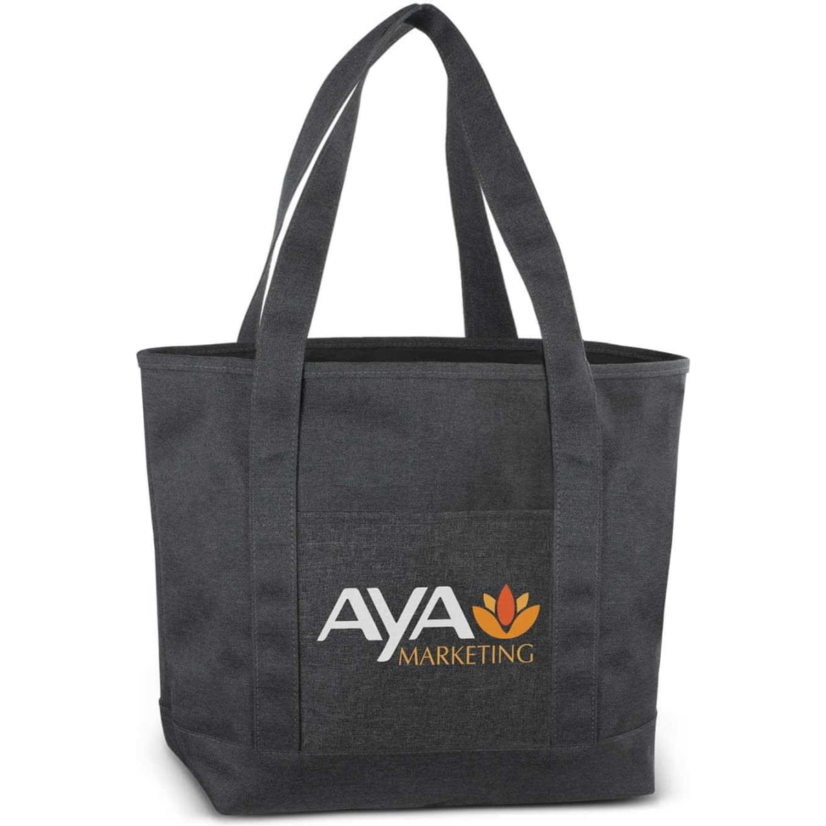 A grey tote bag with two handles and a logo on the front.
