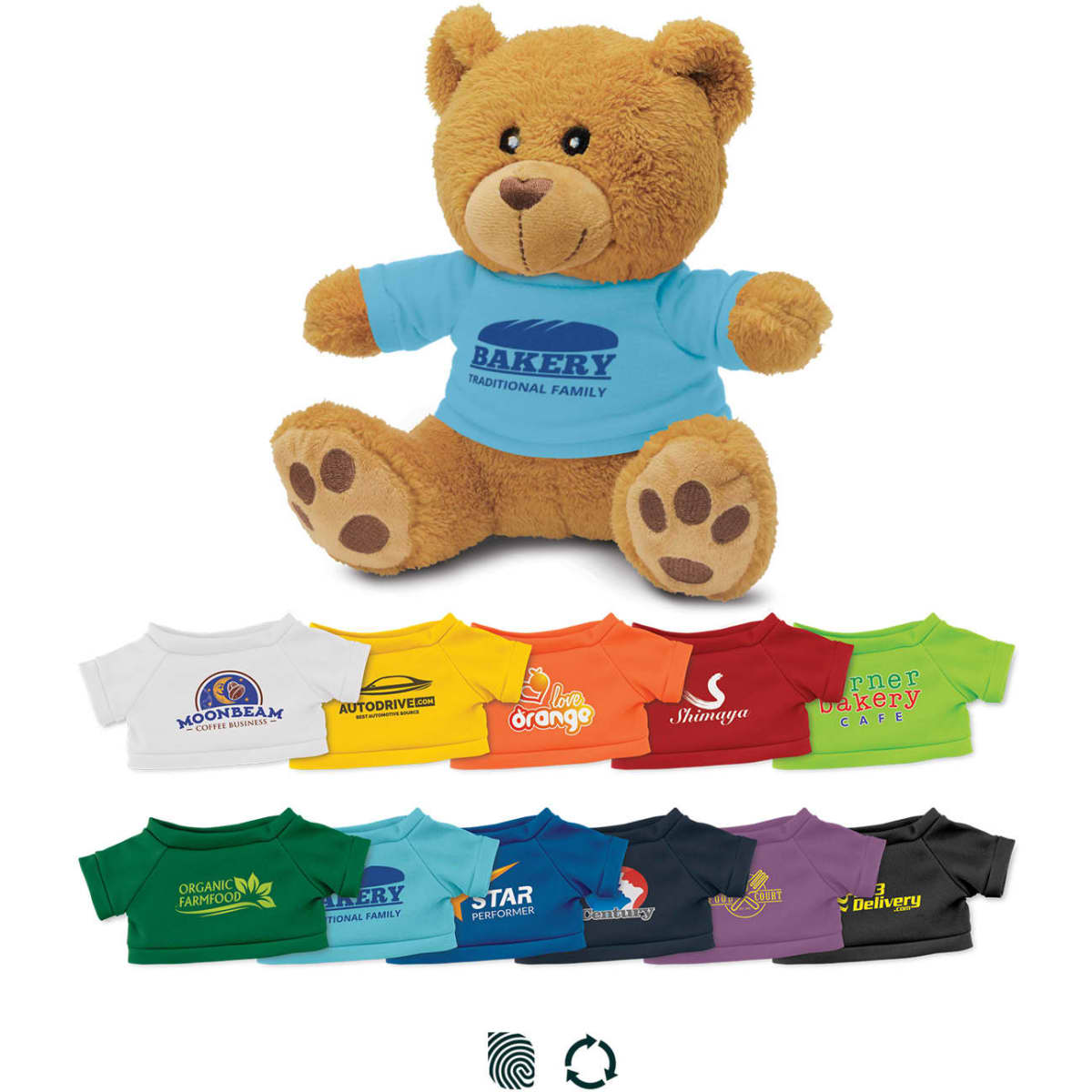 A brown plush teddy bear wearing a blue shirt, with various colourful miniature shirts displayed below it.