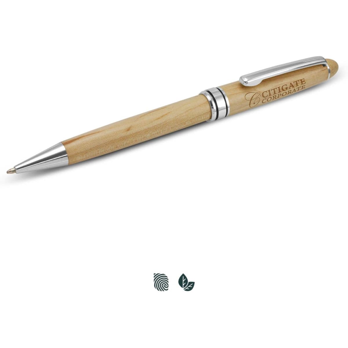 A wooden pen with a natural finish and silver accents, featuring a logo on the body.