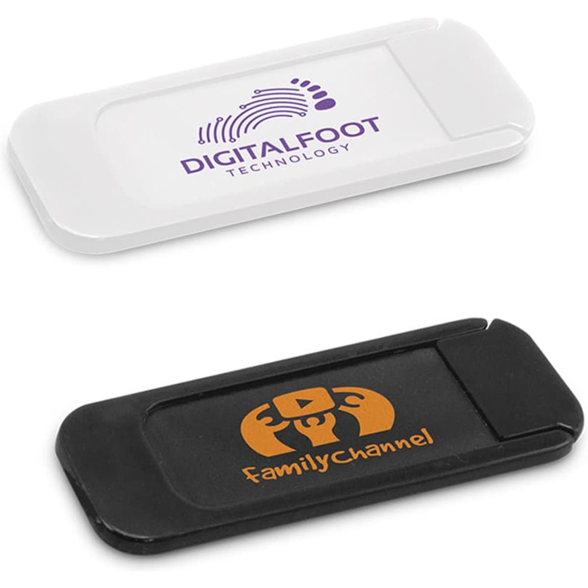A white and black webcam cover with logos, featuring a sliding design for privacy protection.