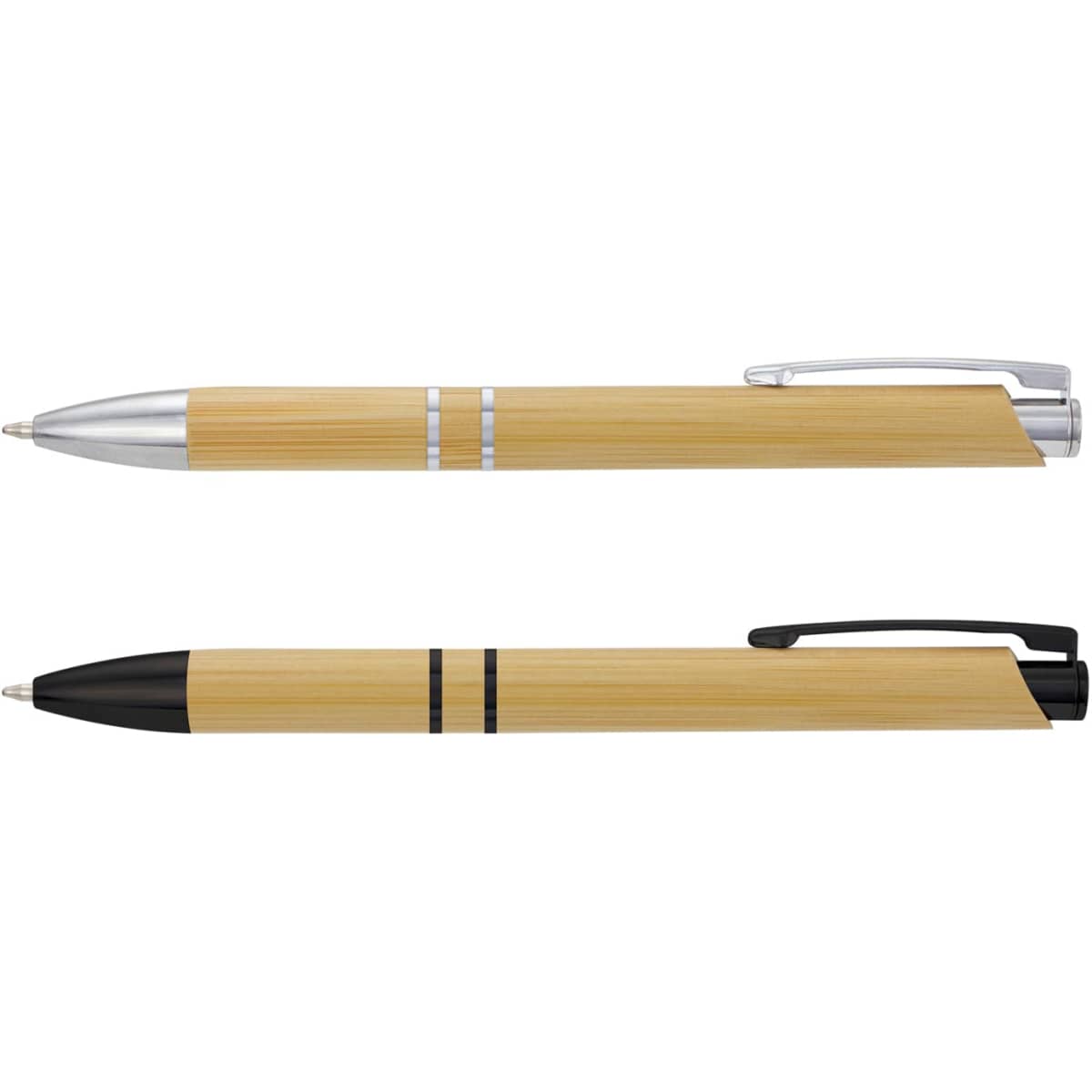 Two bamboo pens, one with a silver trim and the other with a black trim, both featuring a logo.