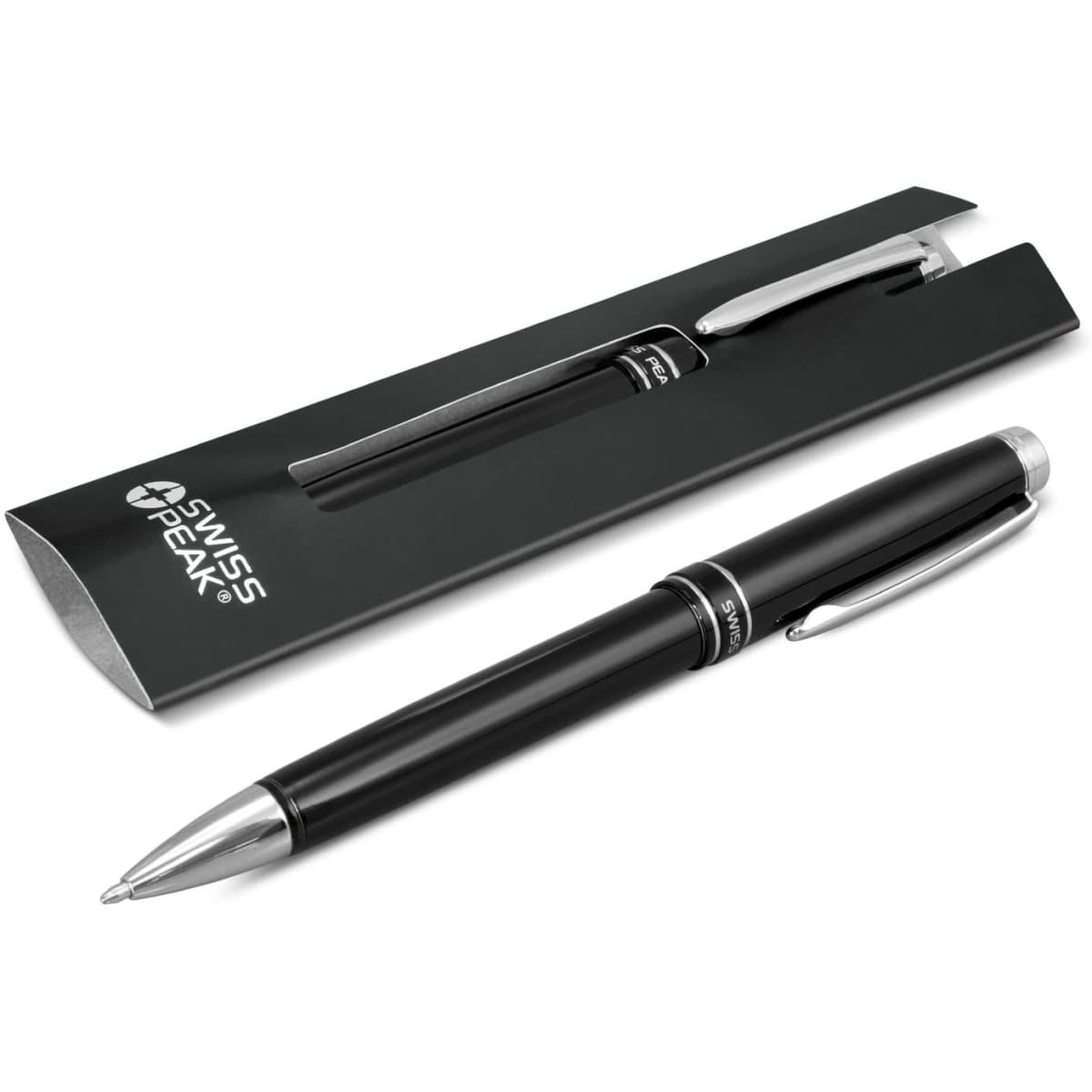 A black metal ballpoint pen with silver accents, presented in a sleek black packaging with a logo.