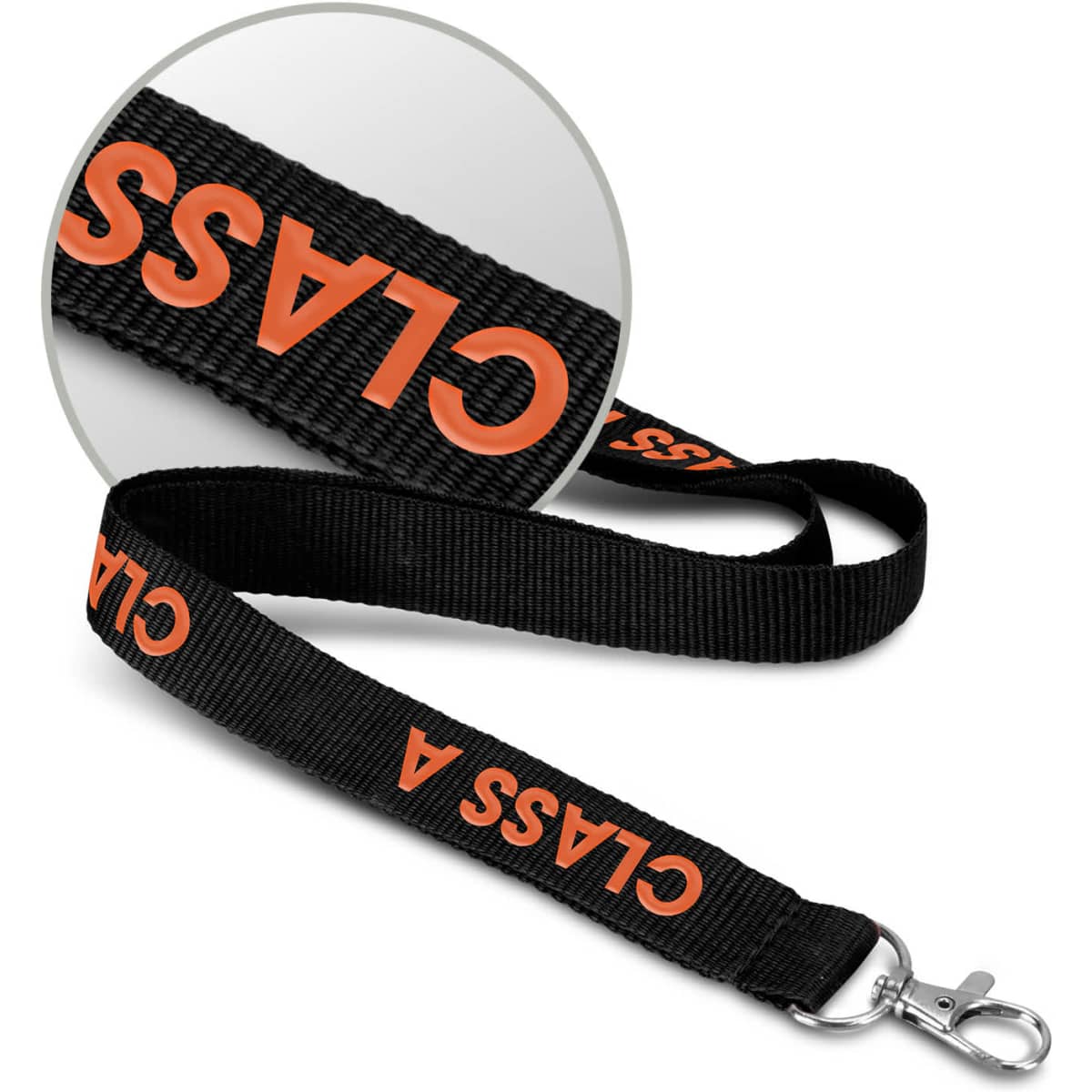 A black lanyard featuring a logo in orange, with a silver clip at one end.