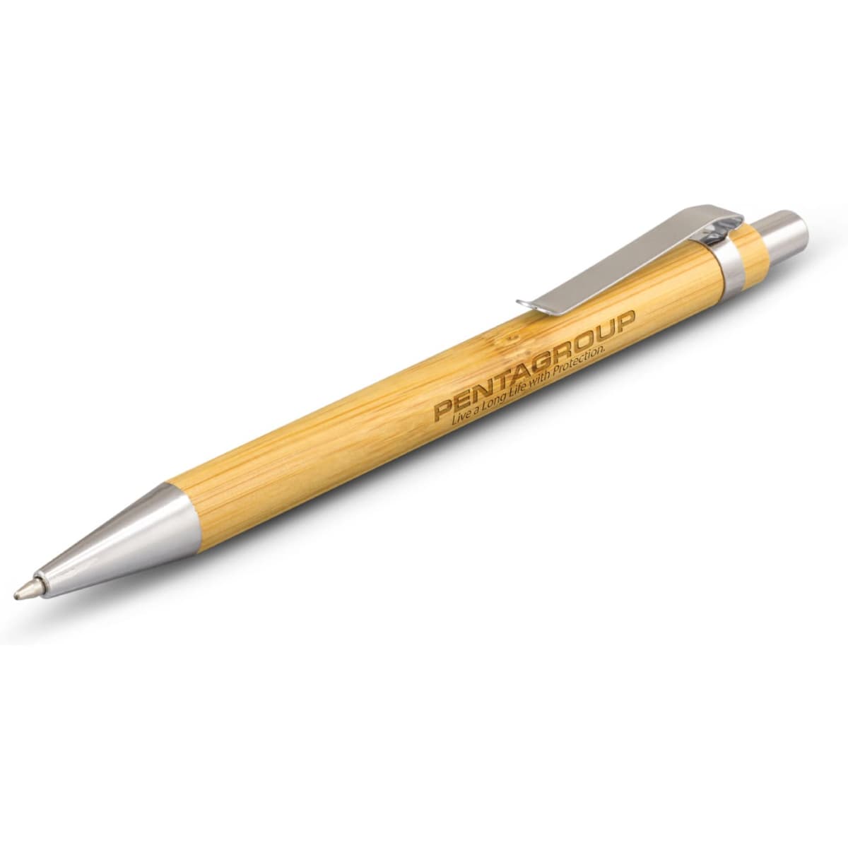 A bamboo pen with a silver metal tip and clip, featuring a logo on the barrel.