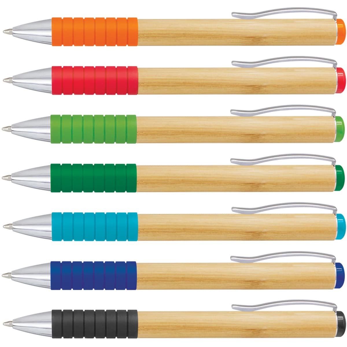 A bamboo twist pen collection featuring eight pens with coloured grips in orange, green, blue, and black.