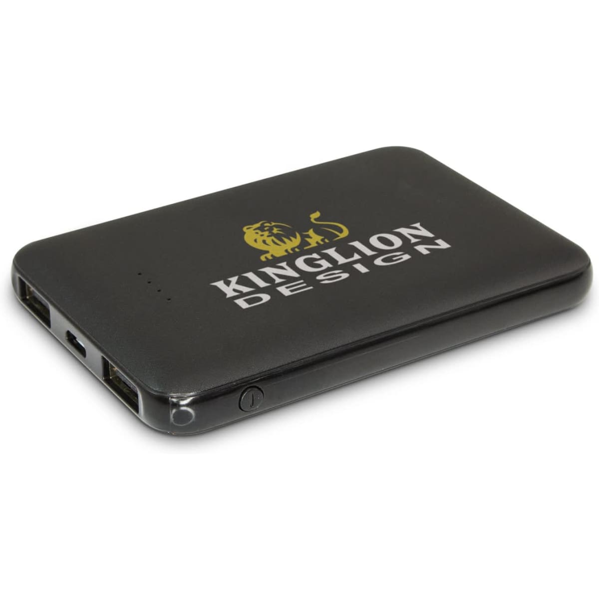 A black power bank with dual USB ports and a logo on the surface, designed for charging devices on the go.