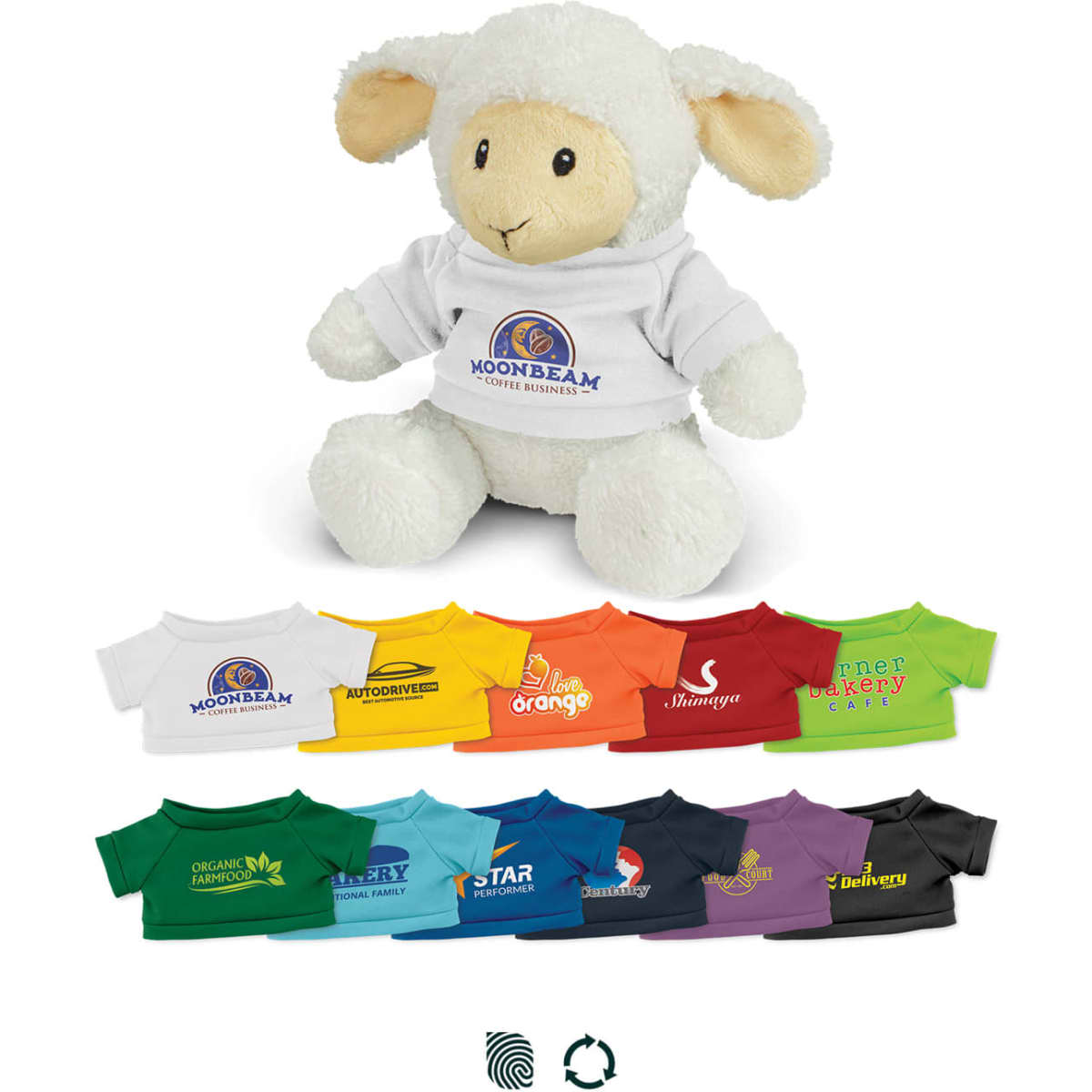 A cute, cream-coloured lamb plush toy wearing a white shirt, surrounded by various coloured shirts.