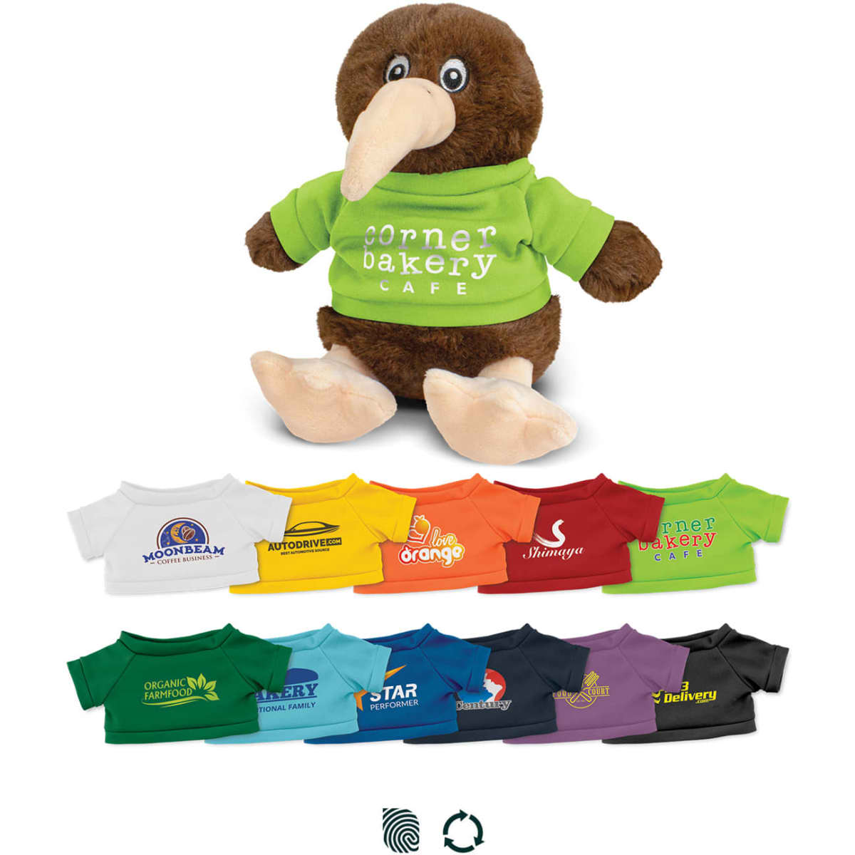 A brown kiwi plush toy wearing a green shirt, surrounded by various smaller shirts in different colours and designs.
