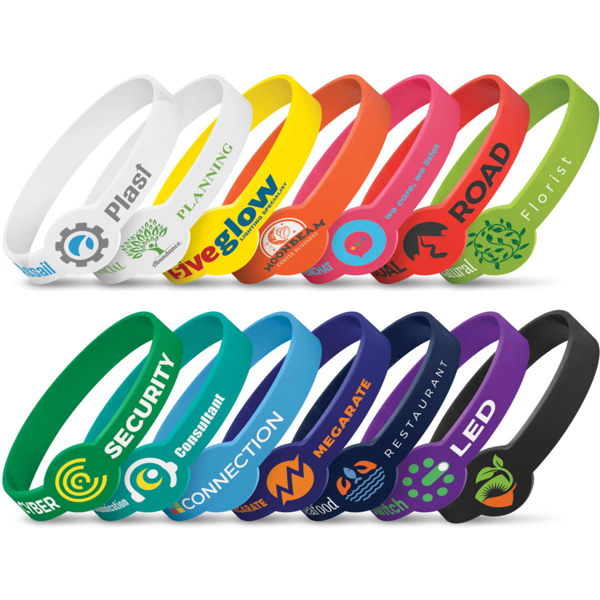 A collection of silicone wristbands in various colours, featuring logos and designs, displayed in an organised arrangement.