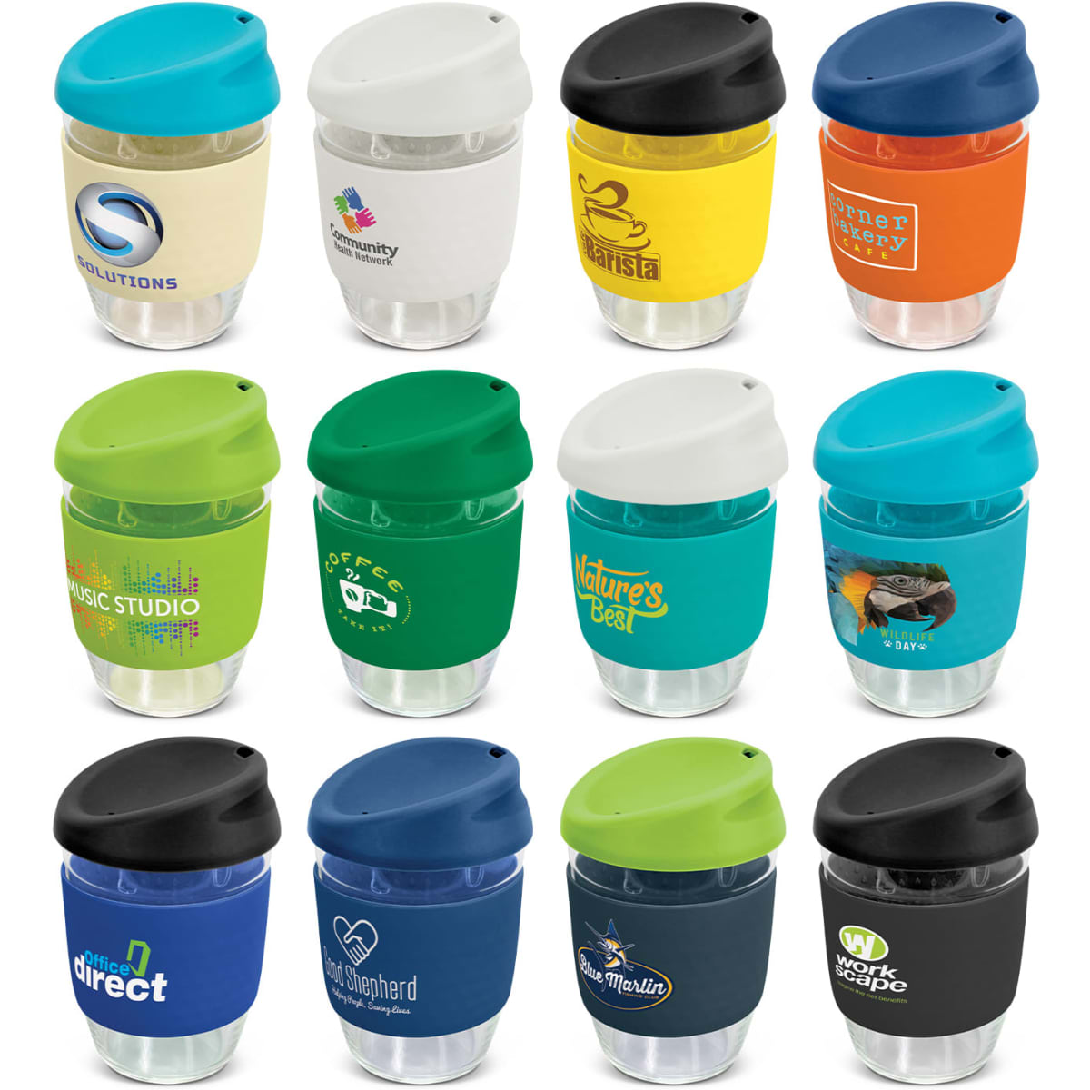 A drink bottle collection featuring various colours with silicone lids and transparent bodies, each with a logo.