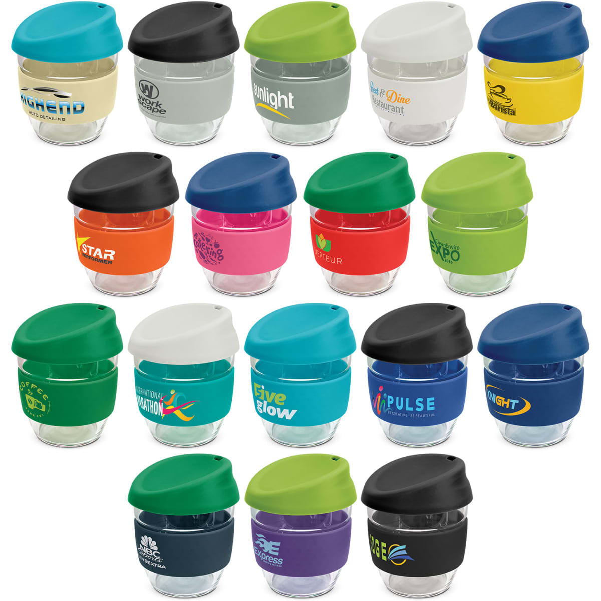 A collection of Nova Cups in various colours, featuring borosilicate glass and different coloured lids along with branding.