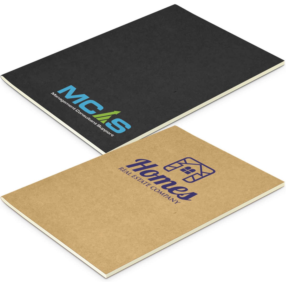 Two notebooks are displayed: one black with a logo and one brown featuring a second logo.