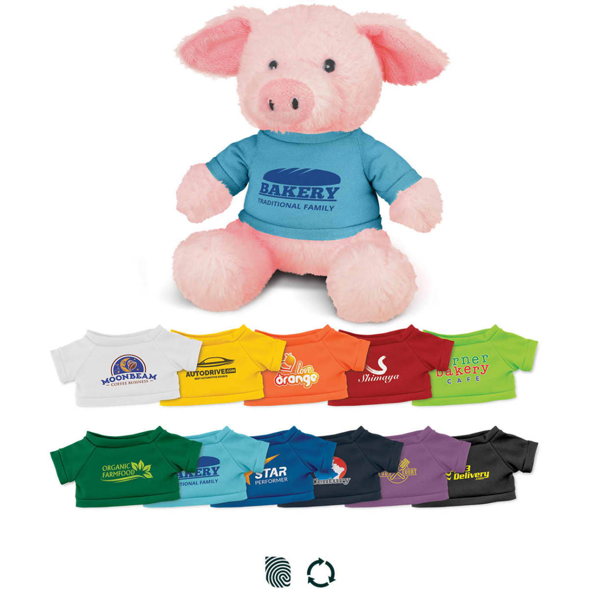 A pink plush pig toy wearing a blue shirt with a logo, surrounded by various small shirts in different colours.